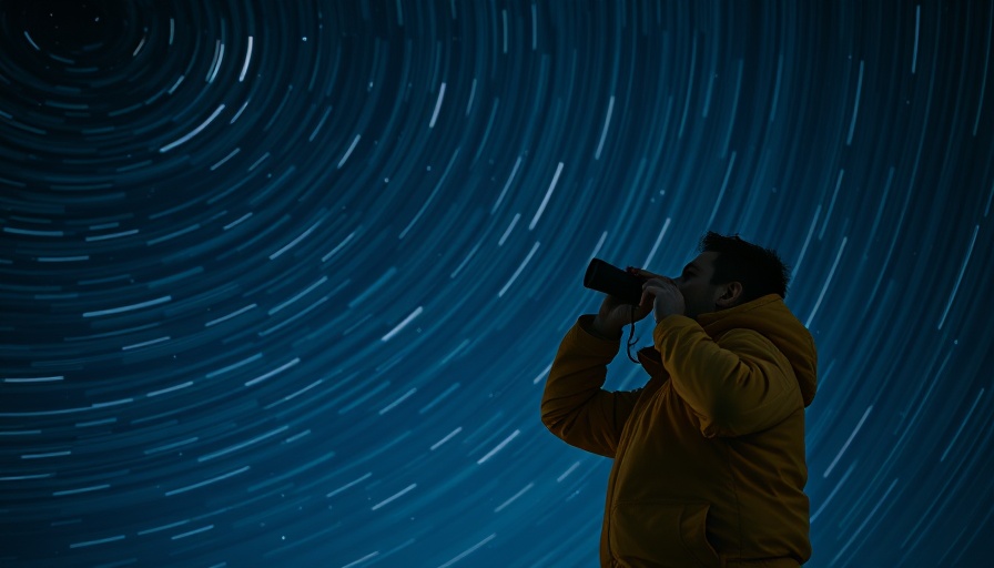 Silhouetted astronomer uses binoculars under a starry night sky.