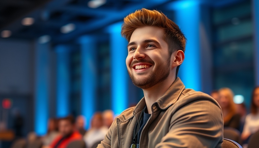 Young man smiling on stage at conference, blue lit background.