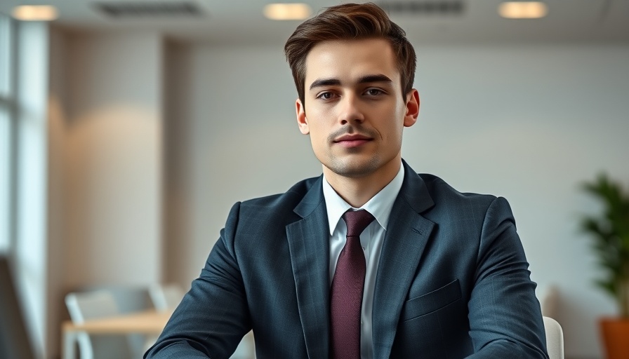 Professional portrait of a young man in a suit, modern office setting.