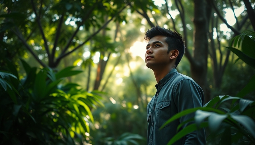 Young man in jungle, contemplative expression, lush greenery.