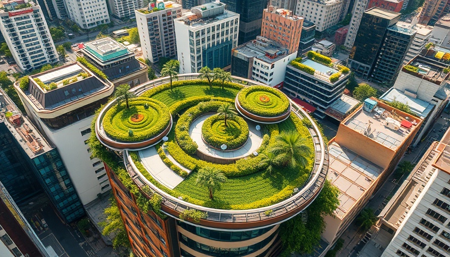 Modern eco-friendly cityscape with circular rooftop gardens for AI solutions for small business.