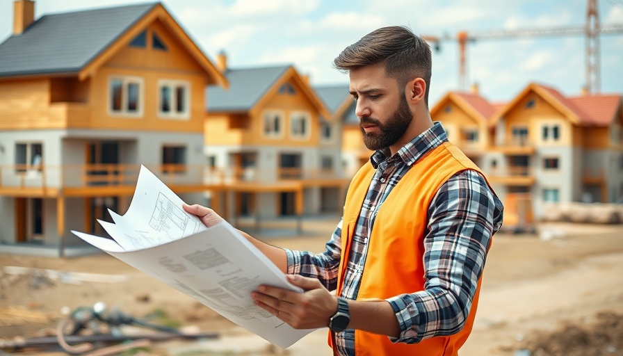 Architect reviewing plans on a developing construction site.