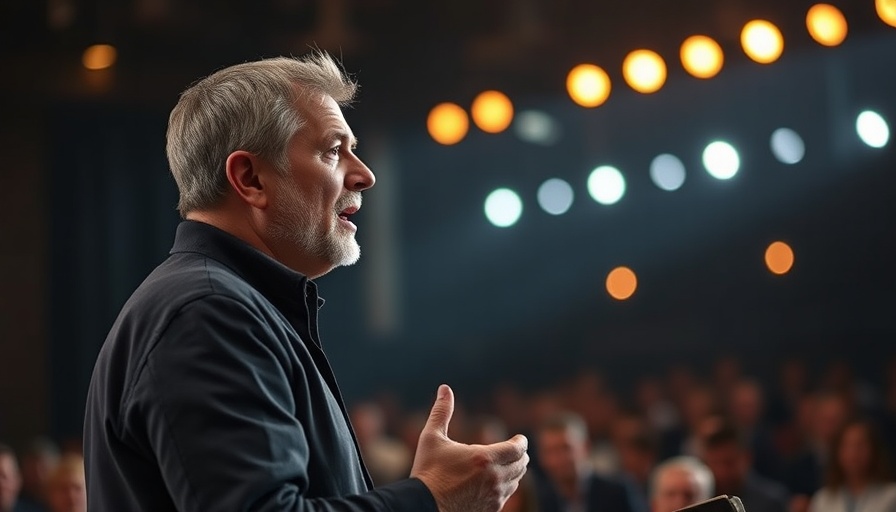 Key to happiness speech on stage with passionate speaker.