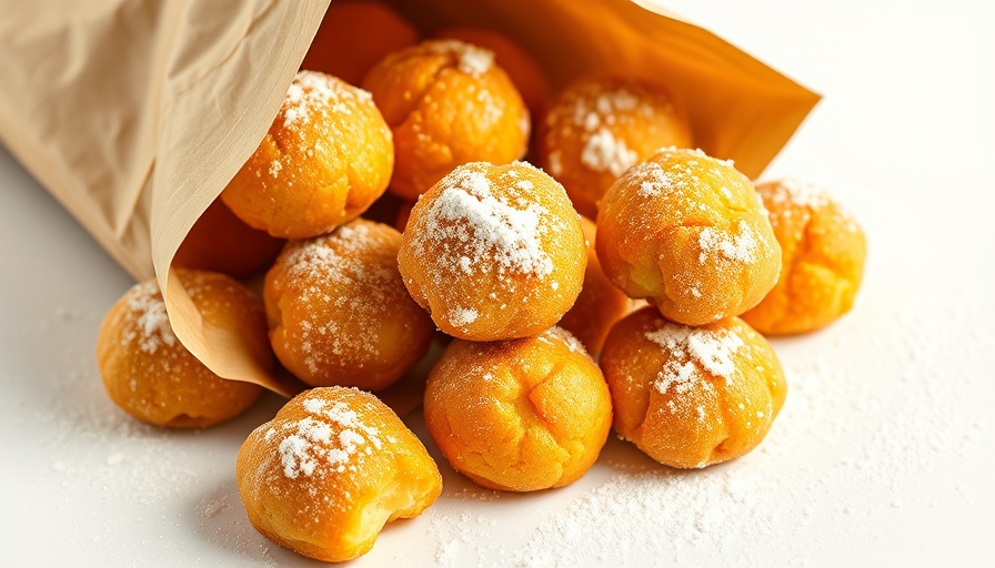 Bakery style chouquettes with sugar sprinkles on paper bag.