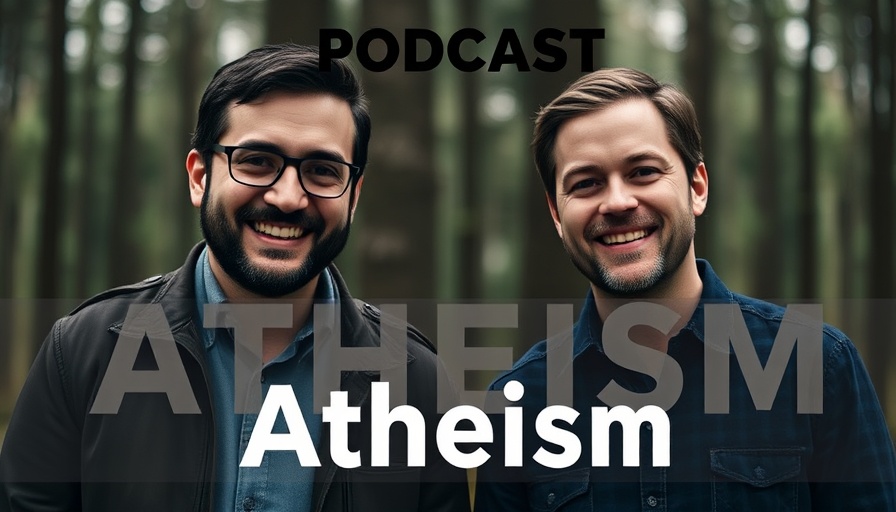 Podcast poster questioning 'Is Atheism Dead' with two speakers.