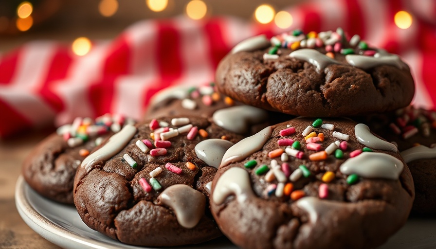Chocolate cookies with glaze and sprinkles on festive plate.