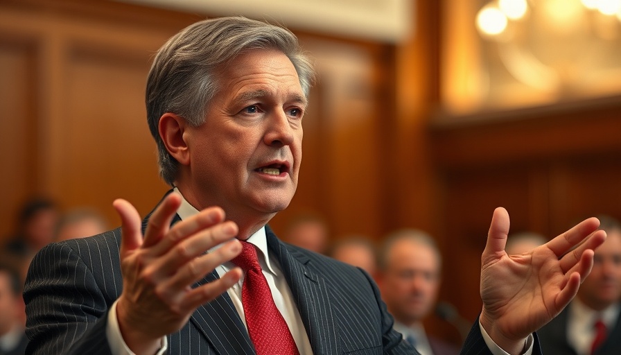 Distinguished man in suit speaking energetically at an event.