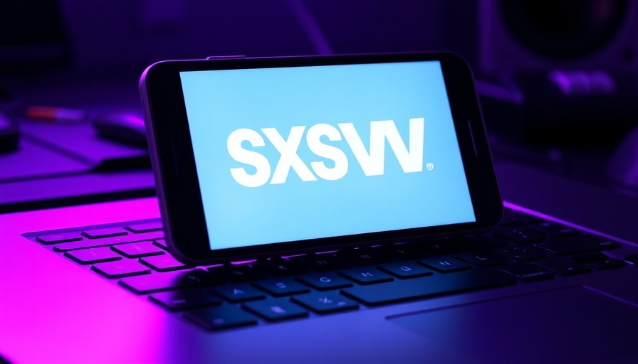 Smartphone with SXSW logo on keyboard, tech ambiance.