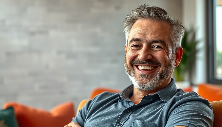 Confident man smiling in a relaxed indoor setting.