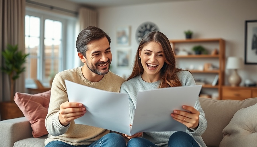 Couple exploring home buying tips with documents in living room.