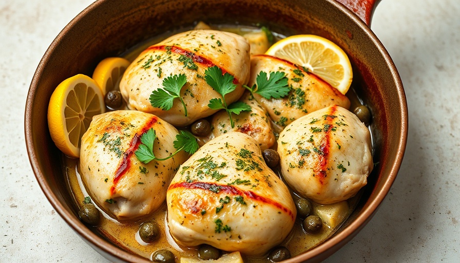 Easy low-carb chicken skillet with lemon in rustic pan.