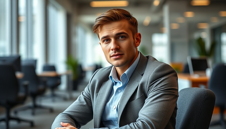 Confident young man in office setting, aiming to empower employees to think like owners.