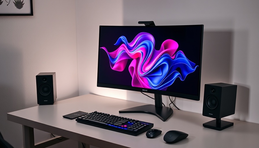 Modern desk with curved monitor displaying abstract wallpaper, efficient task management.