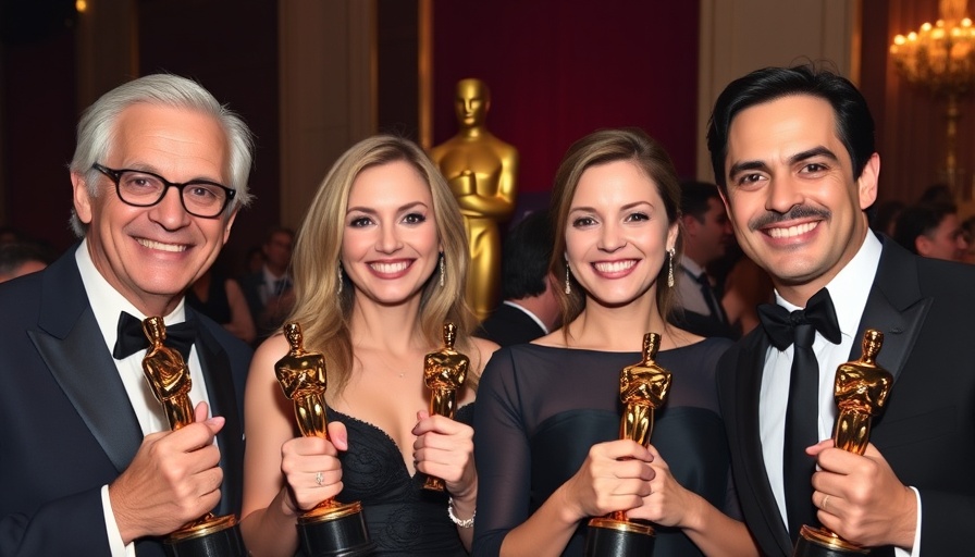 Oscar winners smiling with awards at formal event.