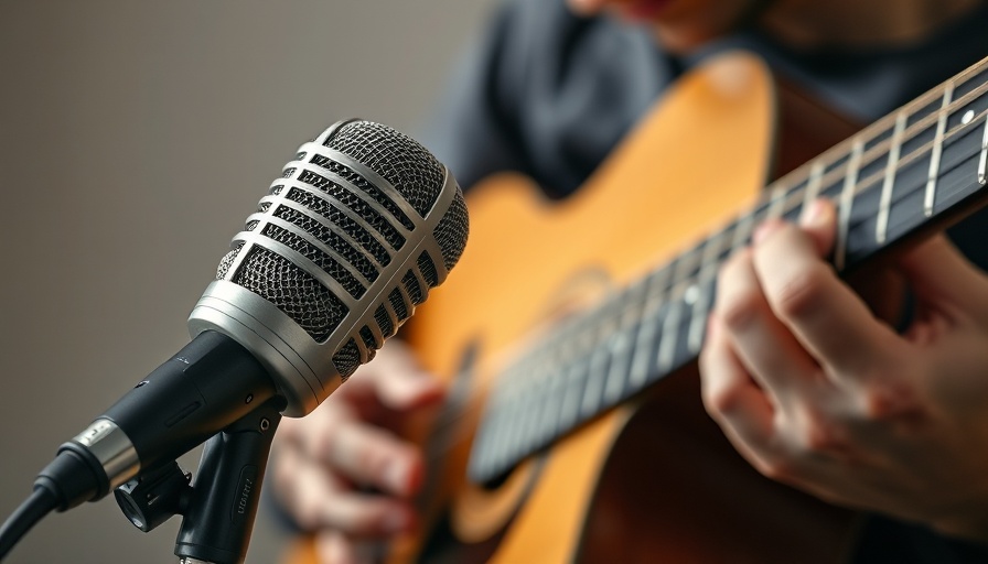 Close-up of guitar and microphone showcasing music creation.
