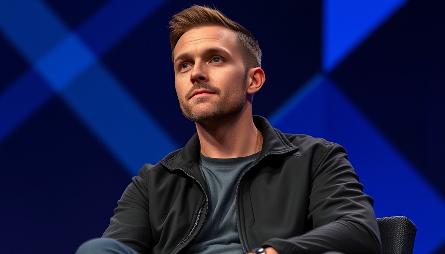 Thoughtful man in black jacket on stage with blue background.