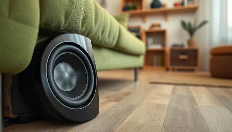Subwoofer under green couch illustrating infrasound effects.