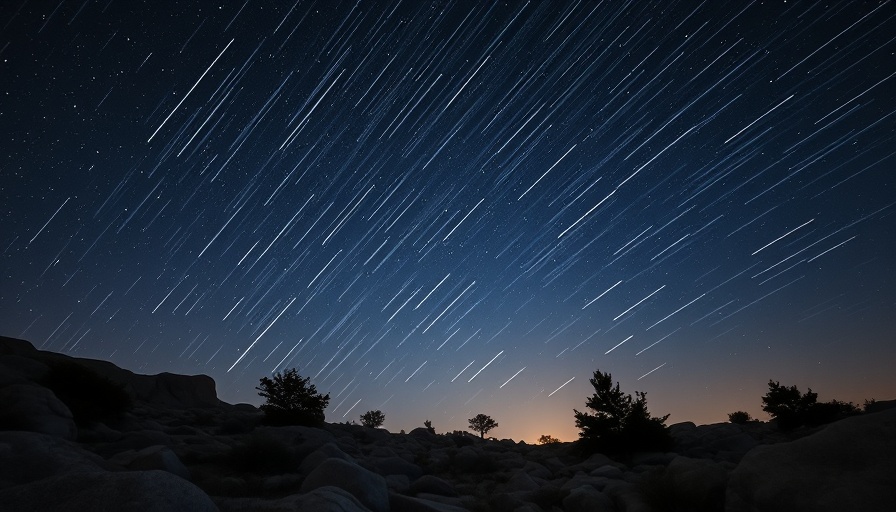 Vibrant meteor shower over starlit rocky landscape.