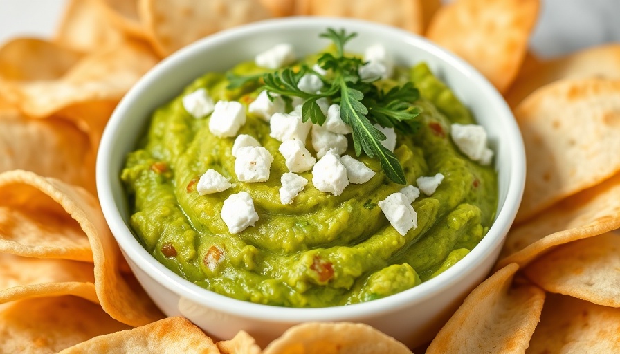 Feta and Arugula Guacamole in a white bowl with pita chips.