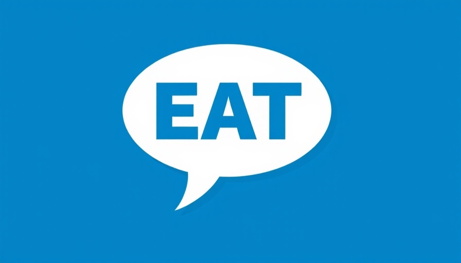 Minimalist blue and white graphic speech bubble with 'EAT'.