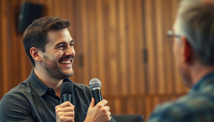 Man discussing constructive dialogue in a studio, smiling and attentive.