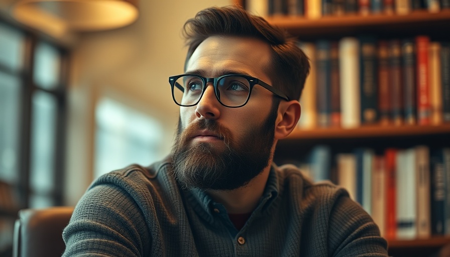 Thoughtful man contemplating 'Jesus is YHWH' beside bookshelf.