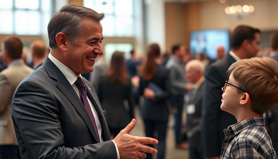 Smiling man and boy at formal event, engaging in conversation.