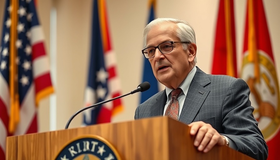 Distinguished older man speaking at podium with military flags backdrop.