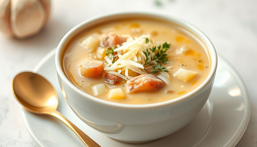 Bowl of Hearty Ham Potato & Leek Soup with cheese and herbs.