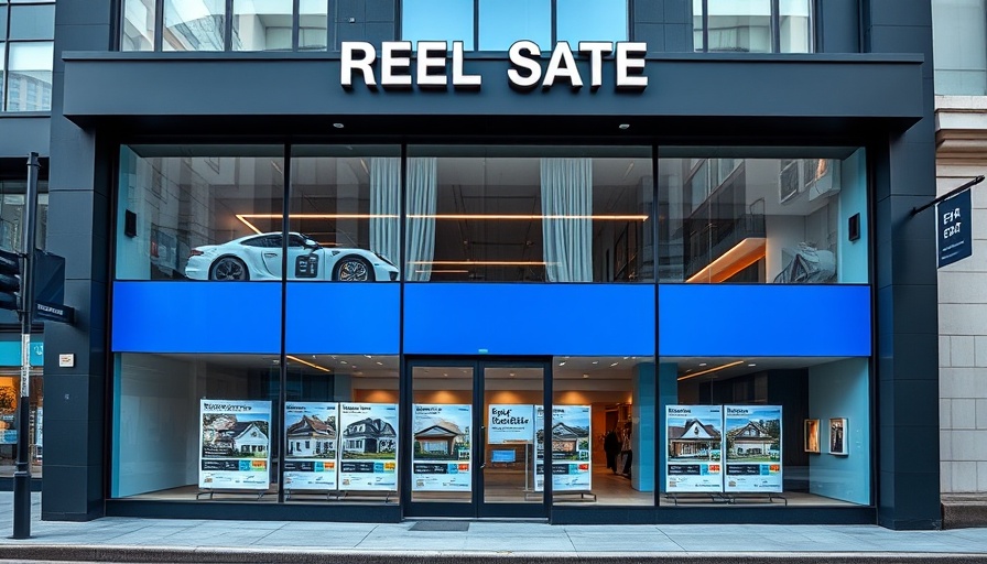 Real estate office with property listings and blue frame.
