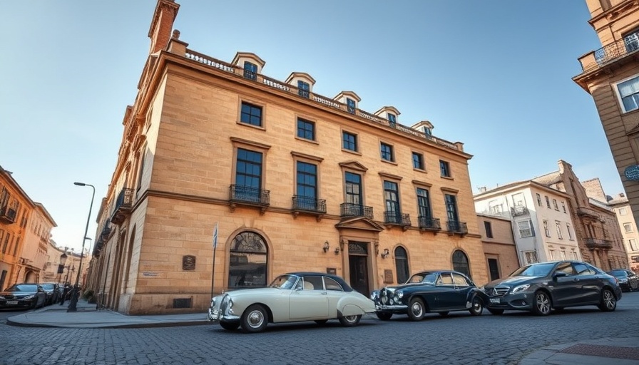 Elegant historic building in Edinburgh with classic cars parked nearby.