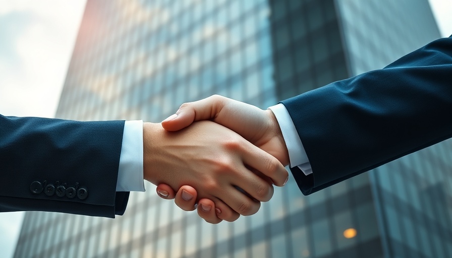 Property Market Expansion in London, business handshake with skyscraper backdrop.