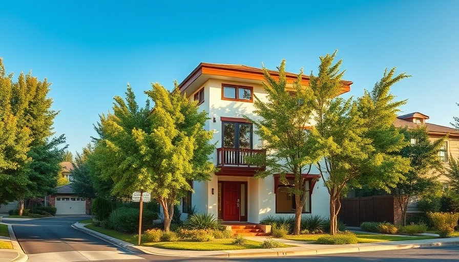 Modern house exterior and vibrant greenery on a sunny day.