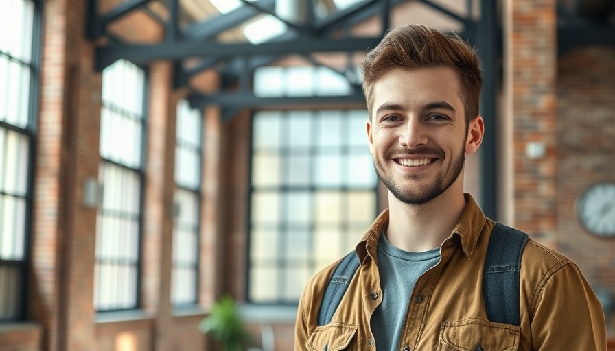 Young man smiling confidently indoors in a loft environment.