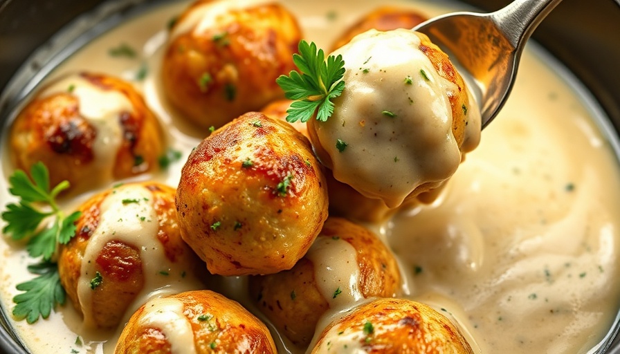 Low-carb appetizers with meatballs and creamy dip garnished with herbs.