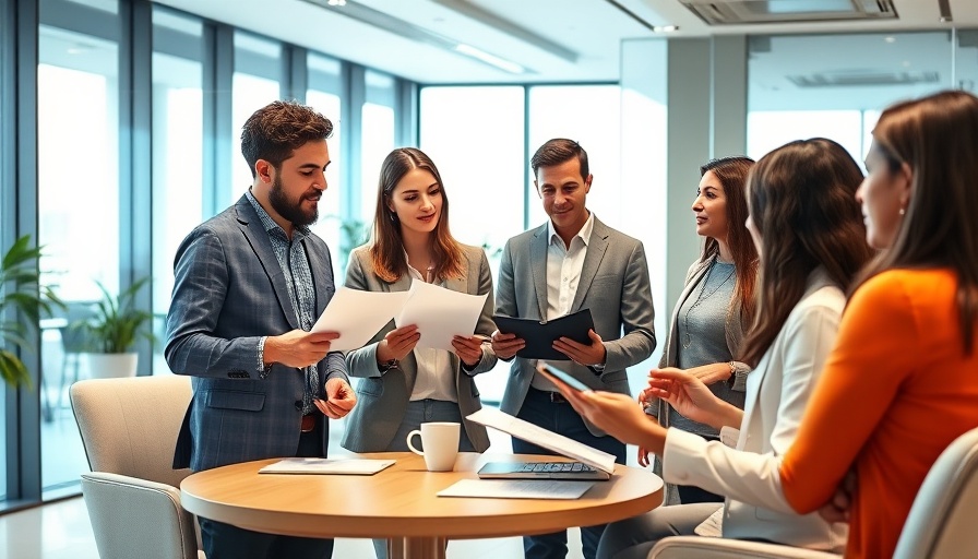 Professionals discussing successful loan application in modern office.