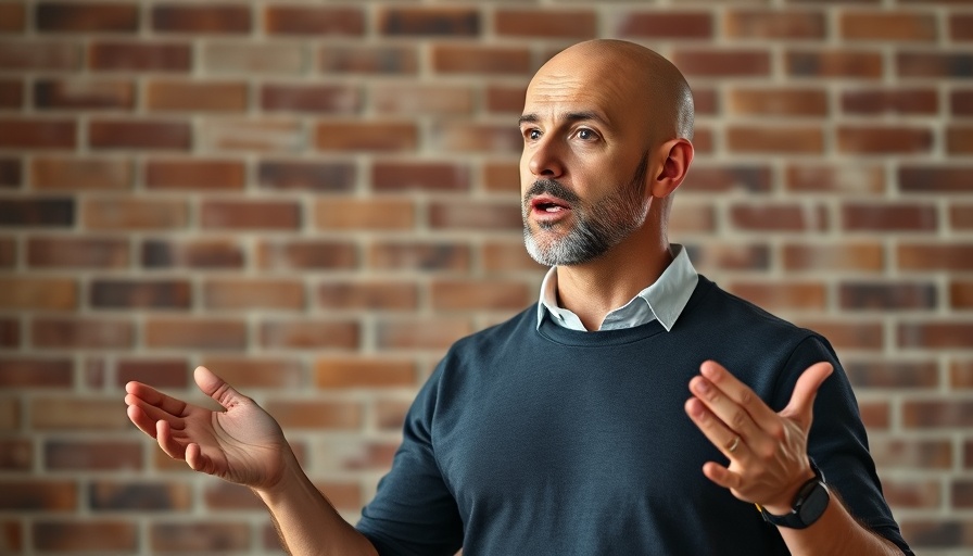 Confident speaker gesturing against a brick wall backdrop.