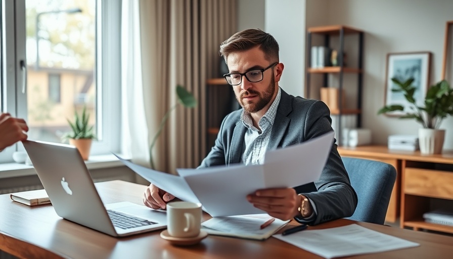 Self-employed individual reviewing mortgage documents in a home office.