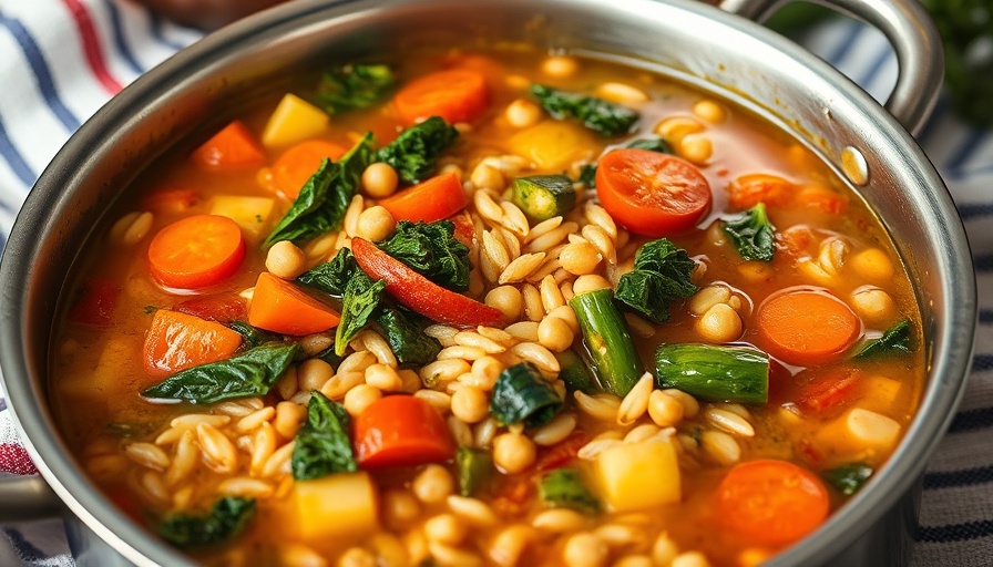 Colorful vegetable orzo soup with chickpeas and greens.