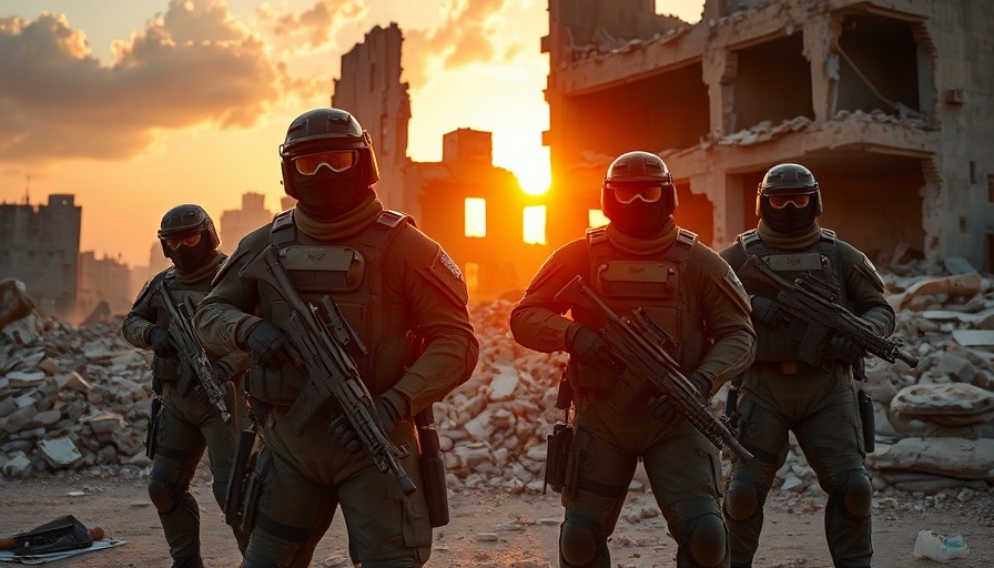 Militants stand guard amid rubble during sunset, highlighting conflict.