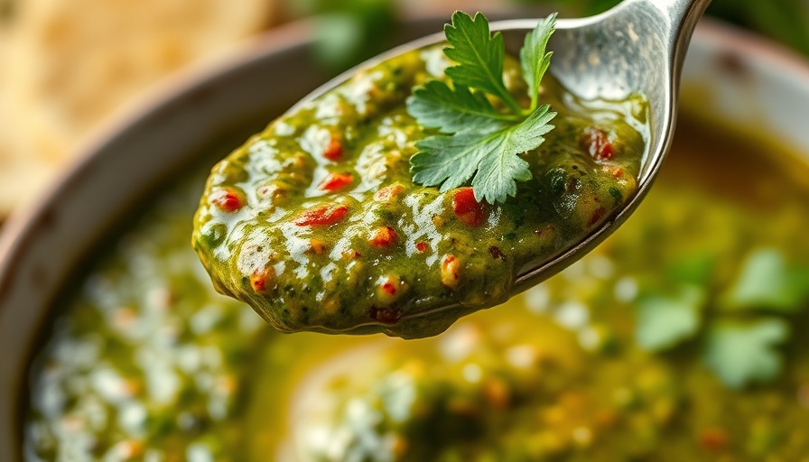 Vibrant cilantro chimichurri recipe with spoonful in focus.