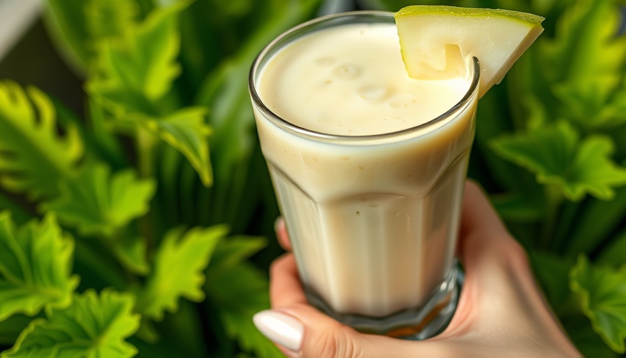 Creamy honeydew smoothie in a glass, natural setting.