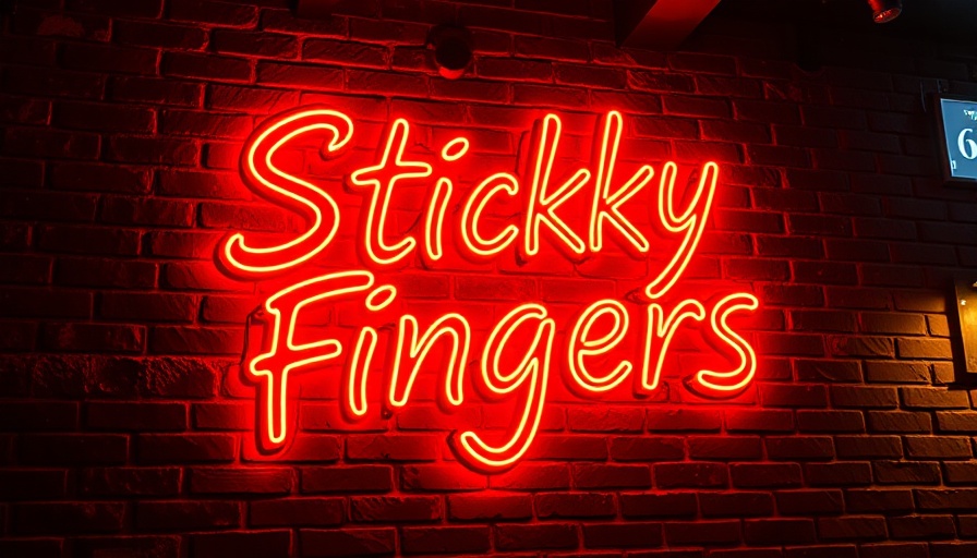 Sticky Fingers glowing neon sign on dark brick wall, bankruptcy context.