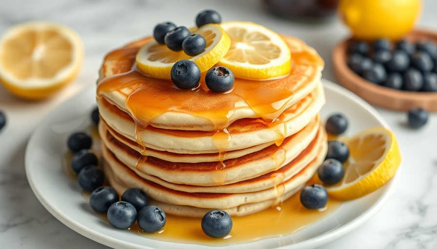 Delicious stack of lemon blueberry pancakes with syrup.