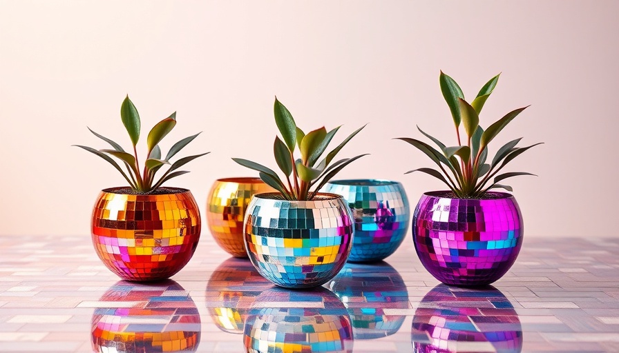 Colorful disco ball planters on pastel background.