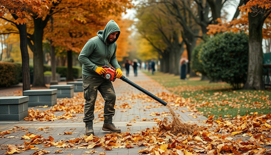 Worker using leaf blower in park amidst fallen leaves in Cambridge.