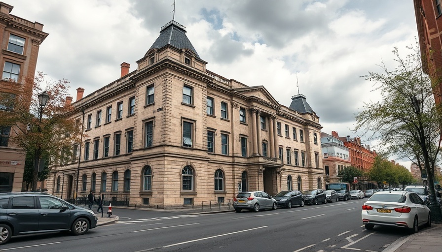 Historic Dumfries council building with cars parked nearby.