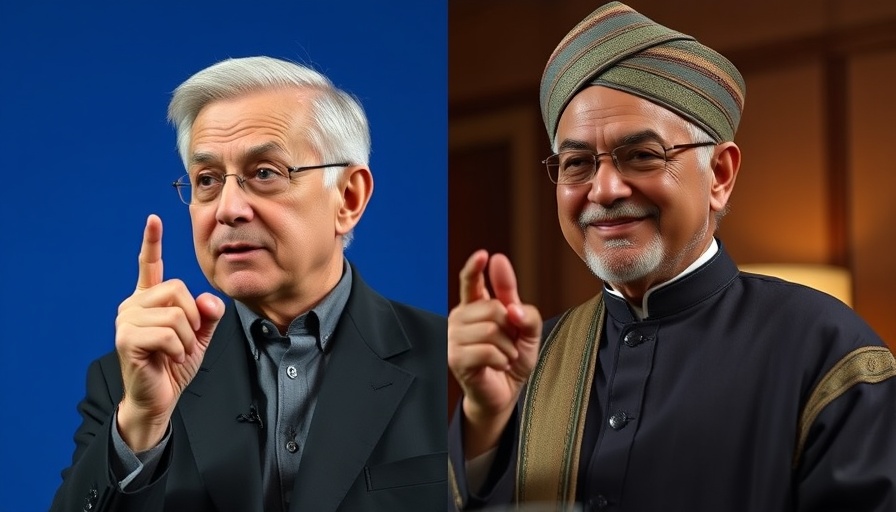 Politicians gesture against split blue and warm backdrops. Trump warns Iran.