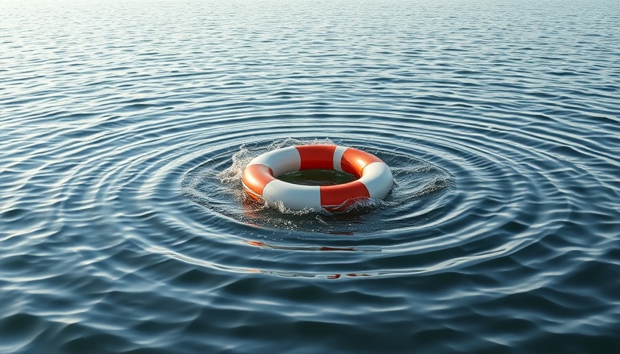 Lifebuoy causing ripples in water, sunlight reflecting.