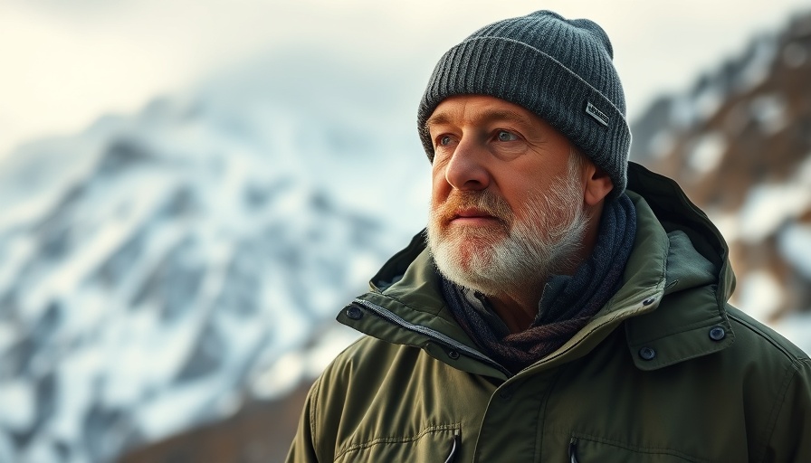Middle-aged man in green jacket by snowy mountains, RWE Climate Lawsuit.